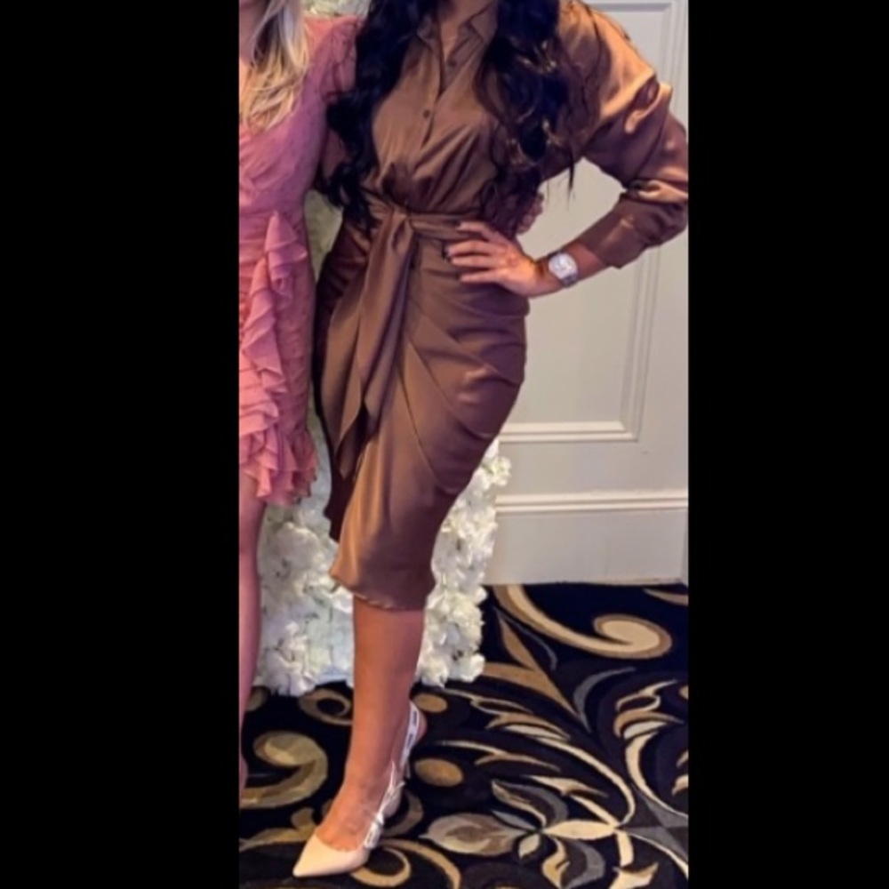 Satin brown ruched midi button down dress